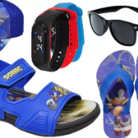 Imagem do anúncio: ⭐Ótimo preço ▪Sandália Papete Infantil Personagens Sonic/ Videogame com Led Masculino + Chinelo + Boné + Óculos - ARS